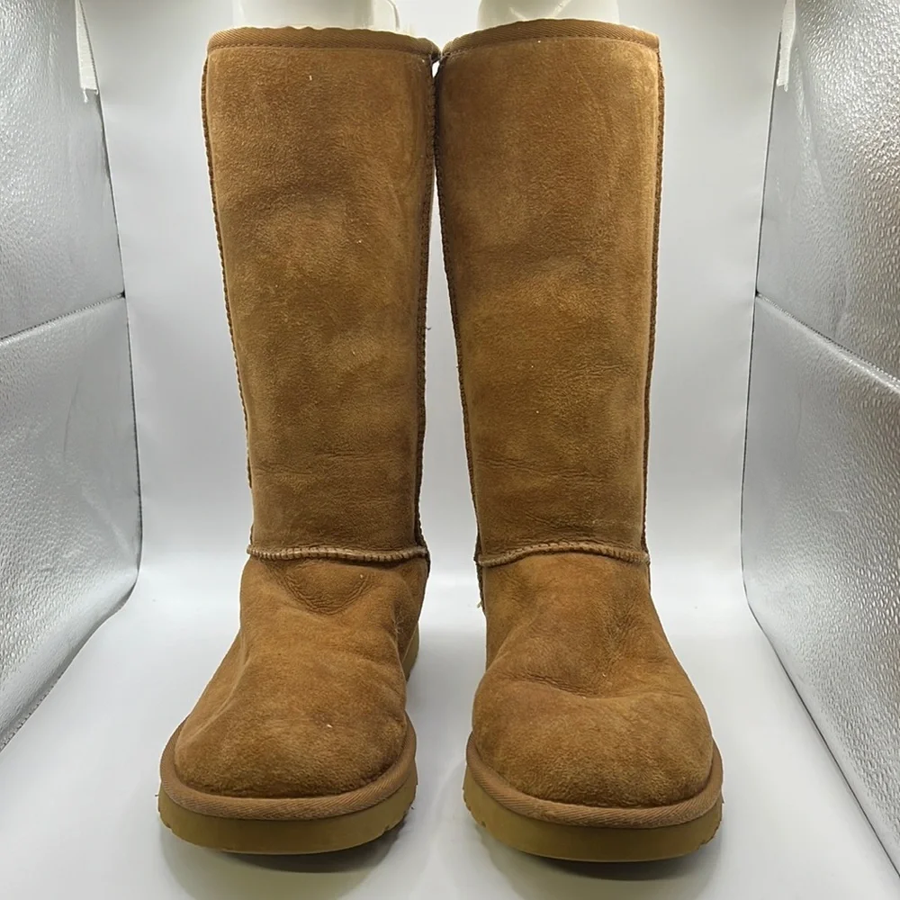 Ugg Tall Winter Boots Brown Leather Sheep Womens Size 7